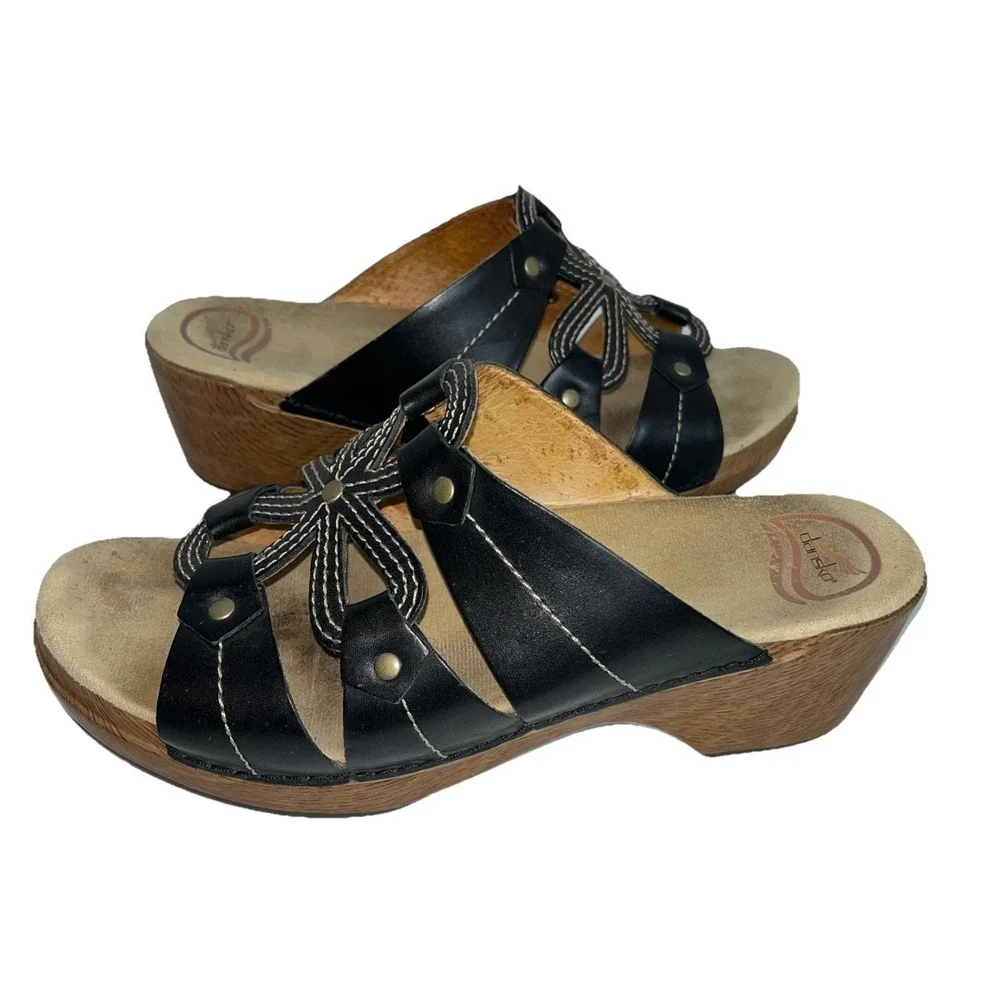 Dansko Serena Women's Size‎ 41/ 10.5-11 US Black Leather Flower Wedge